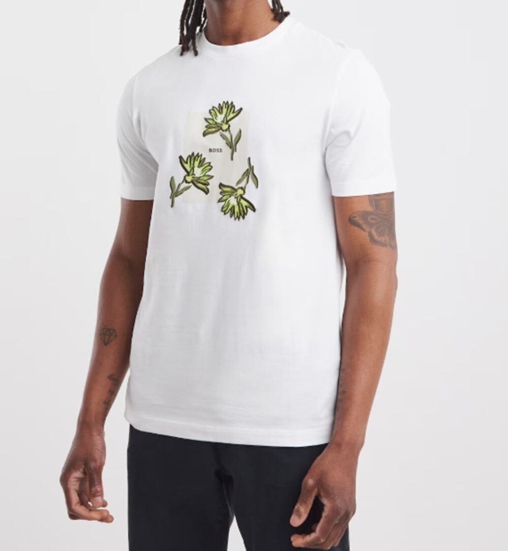 New HUGO BOSS Men's White Short Sleeve Floral Graphic T-Shirt Size L